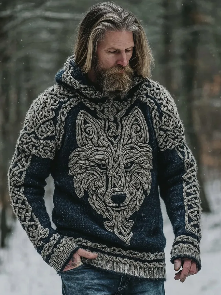 Men's Viking Inspired Celtic Wolf Chunky Hooded Sweater