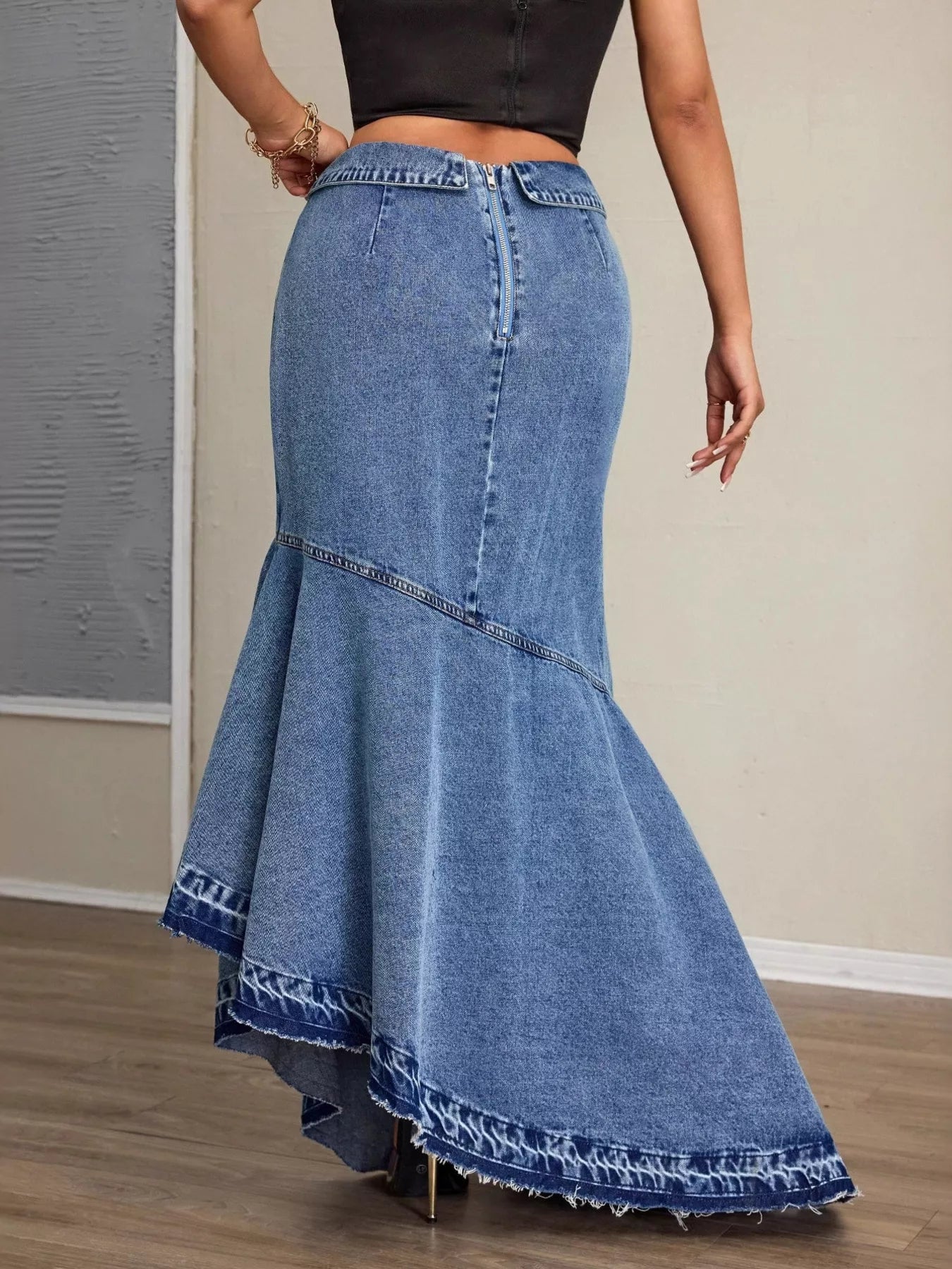 High-Waist Asymmetrical Slit Denim Maxi Mermaid Skirt