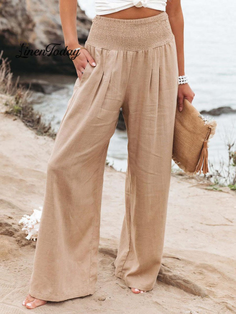 Women's Cotton and Linen Waist-waisted Wide-leg Pants