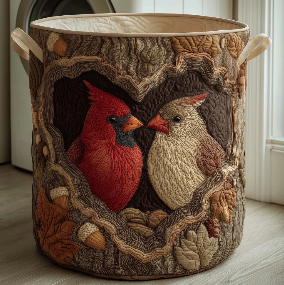 Elegant Cardinal Bird & Floral Pattern Quilted Laundry Basket Eco-Friendly Machine Washable Storage Bin for Home Rustic Country Decor | Bird