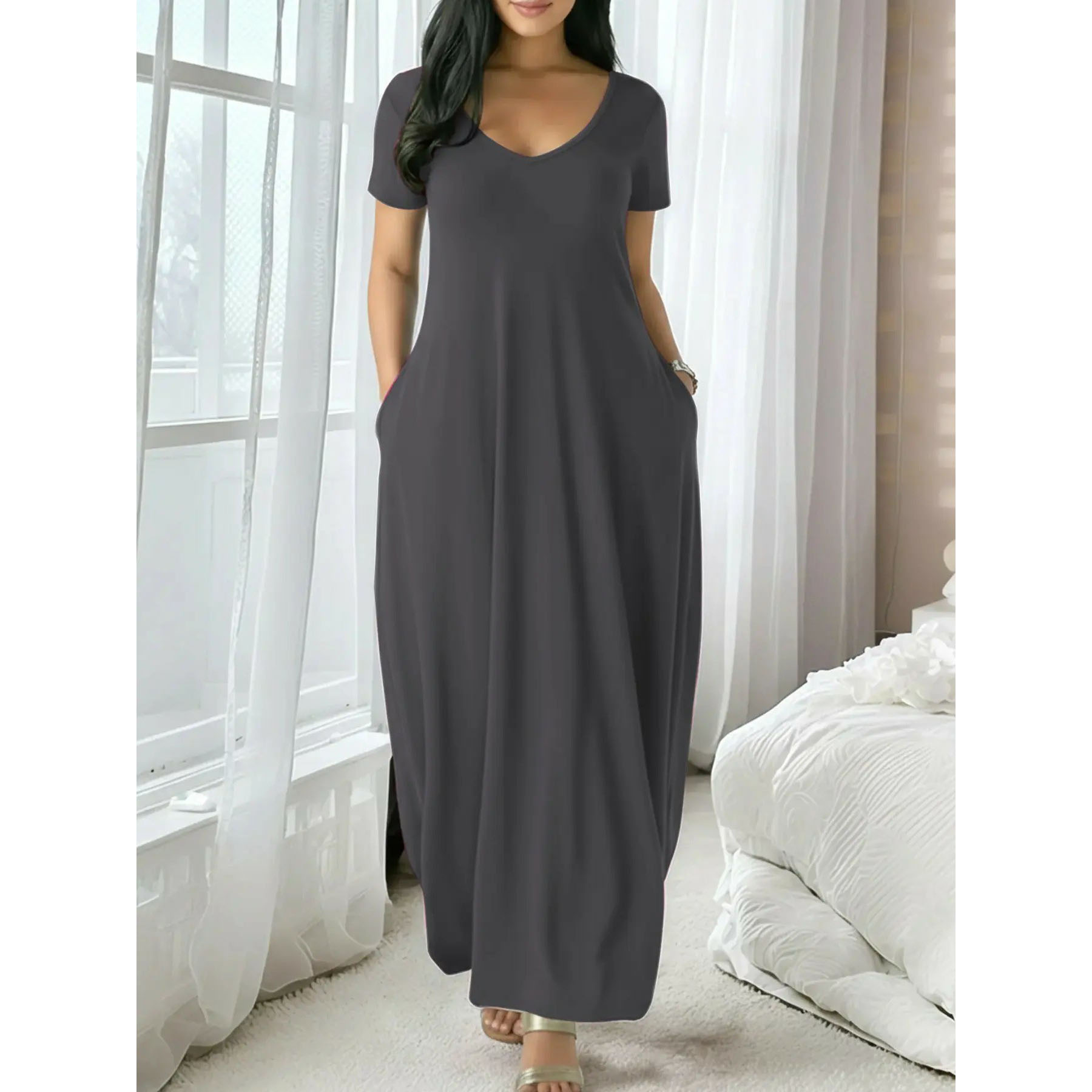Women's Soft Fitted Lounge Dress with Pockets – Short Sleeve Casual Sleepwear
