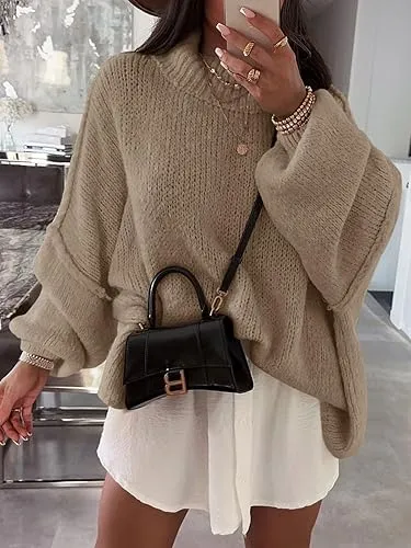✨Womens Oversized Mock Neck Batwing Long Sleeve Ribbed Knit Casual Tunic Sweater🔥