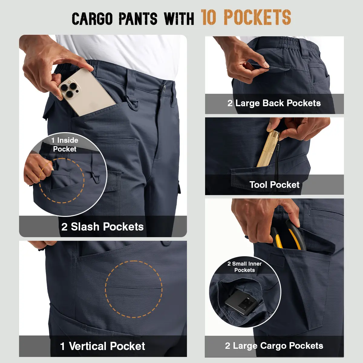 Men's Tactical Work Pants – Lightweight, Multi-Pocket, Water-Resistant Cargo Pants for Hiking, Military, and Outdoor Work (10 Pockets)