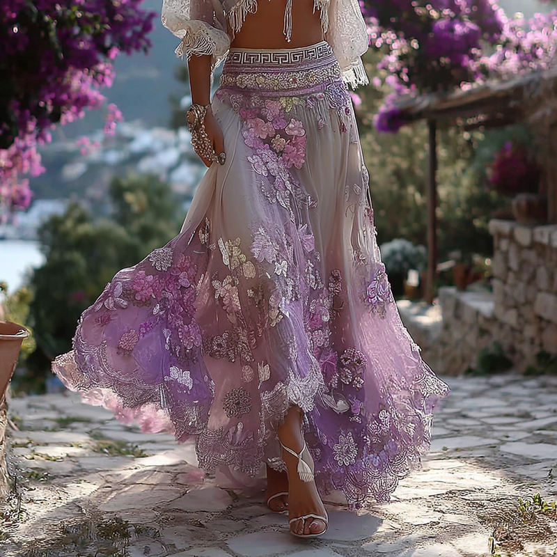 Women's Vintage  Vacation Greek Key With Floral Art Linen Blend Casual Skirt