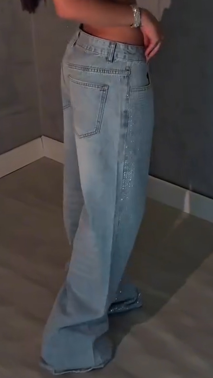 Women Rhinestone Washed Casual Jeans