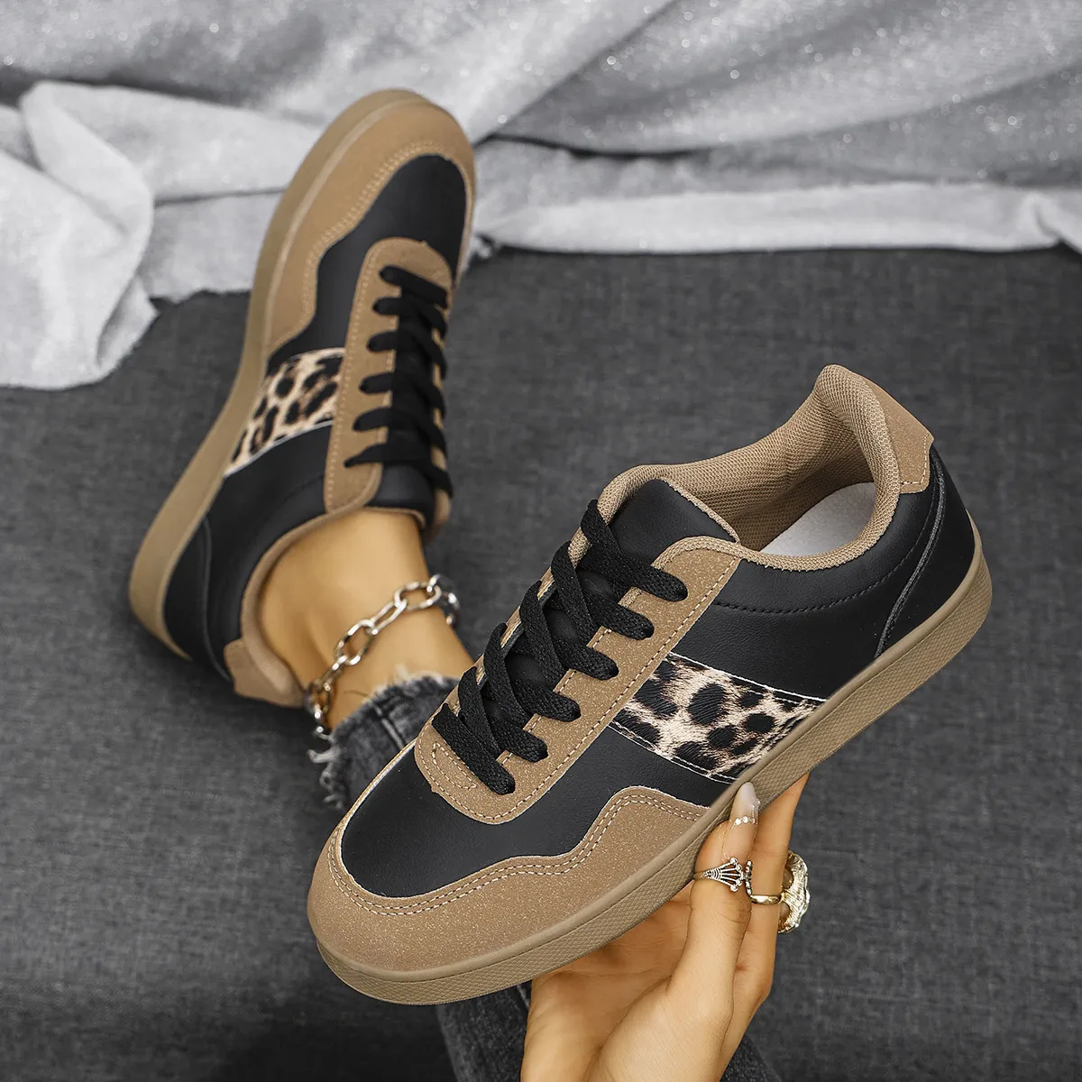 Leopard Lace Up Round Toe Sneakers (2 color options)