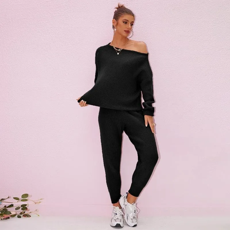 Women's 2025 Fall Winter Knit Set Oversized Sweater & Lounge Pants Matching Sets