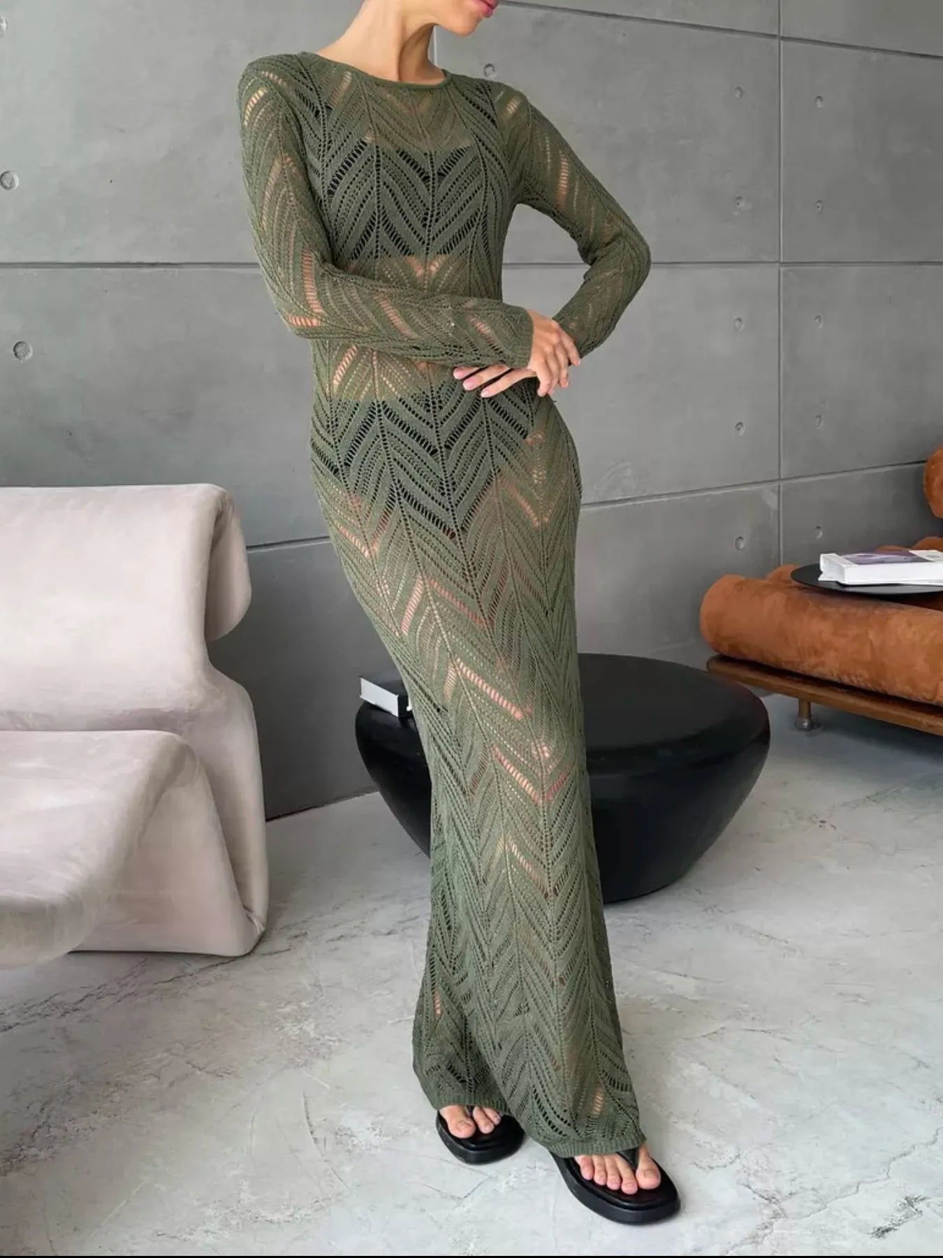 Openwork Long Sleeve Knit Cover Up Dress