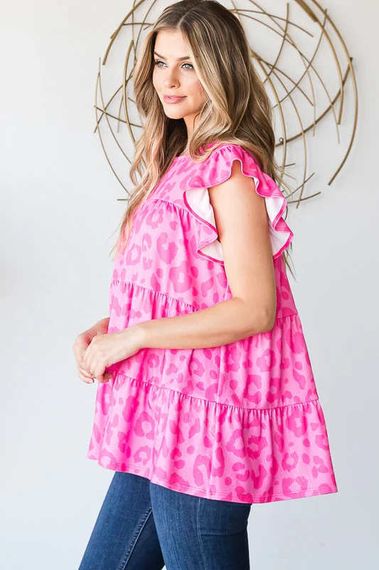 Tiered Leopard Round Neck Blouse with Ruffled Detail