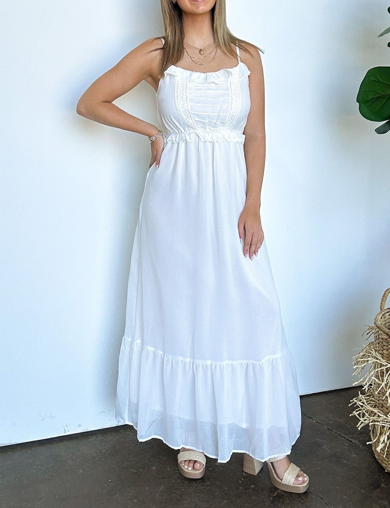 Sweetly Elevated Ruffle and Lace Detail Maxi Dress