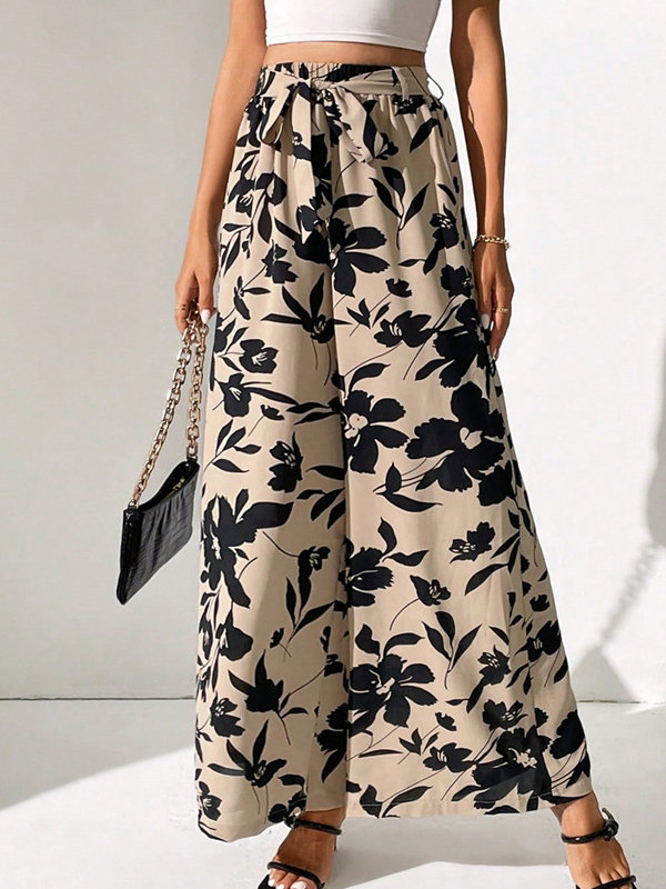 Elasticity Flower Print Tied Waist High Waisted Loose Trousers Pants