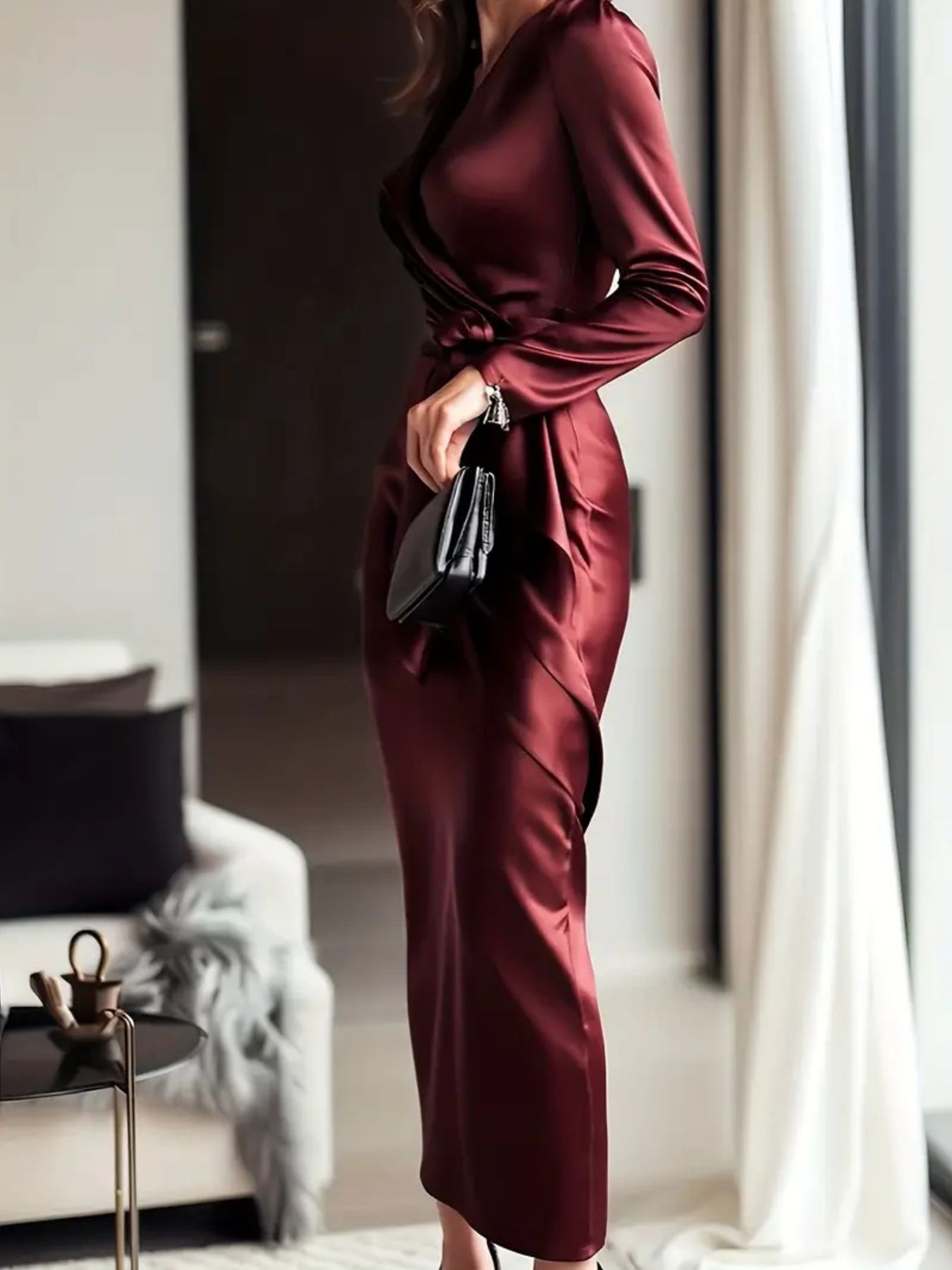 Satin Tie Waist Long Sleeve Dress