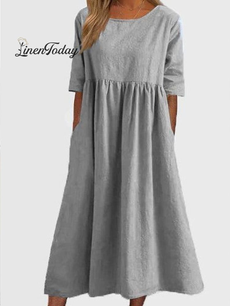 Cotton And Linen Casual Short Sleeve Pocket Pleated Loose Round Neck Dress