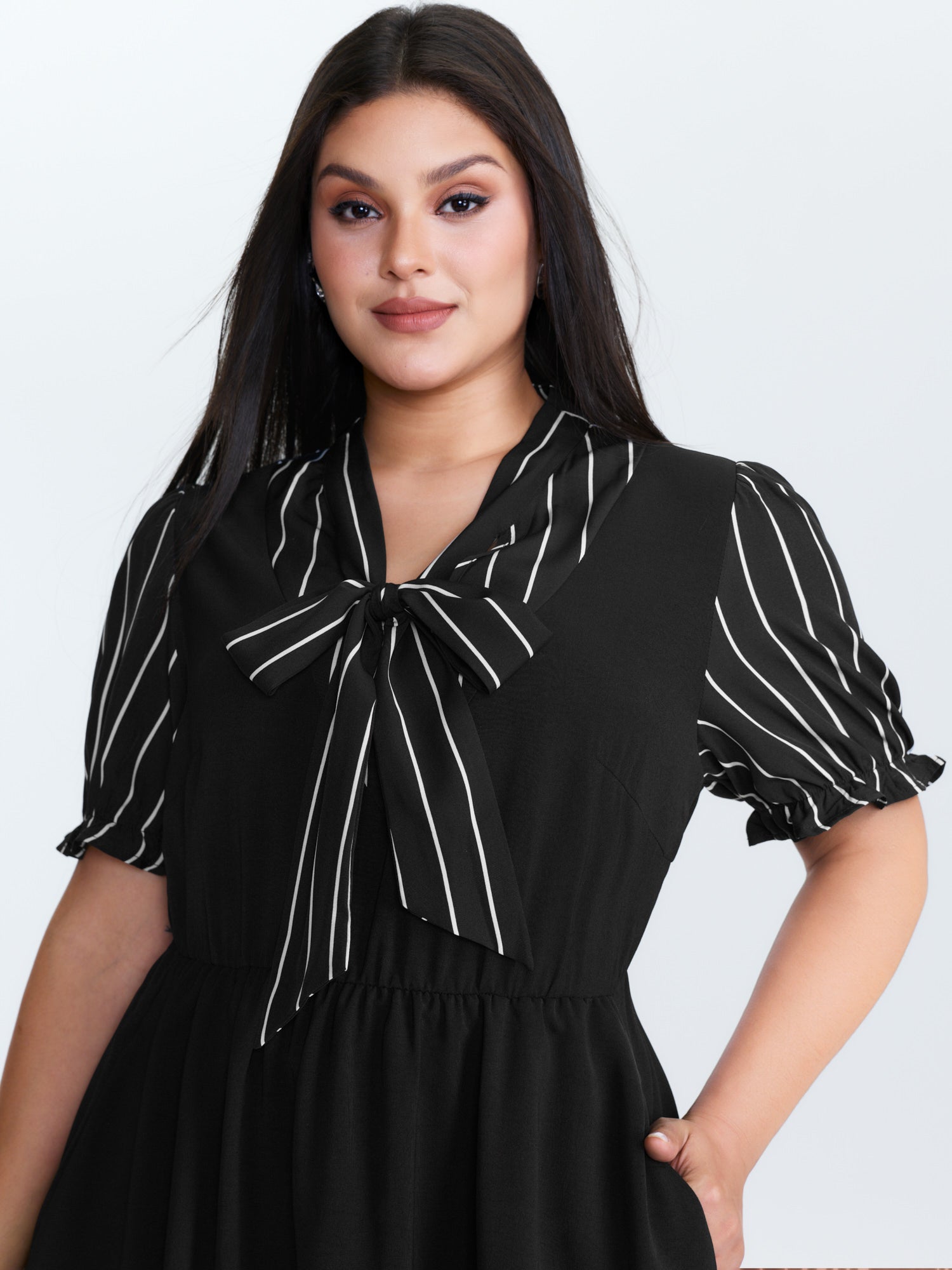 Striped Ribbon Neckline Contrast Midi Dress