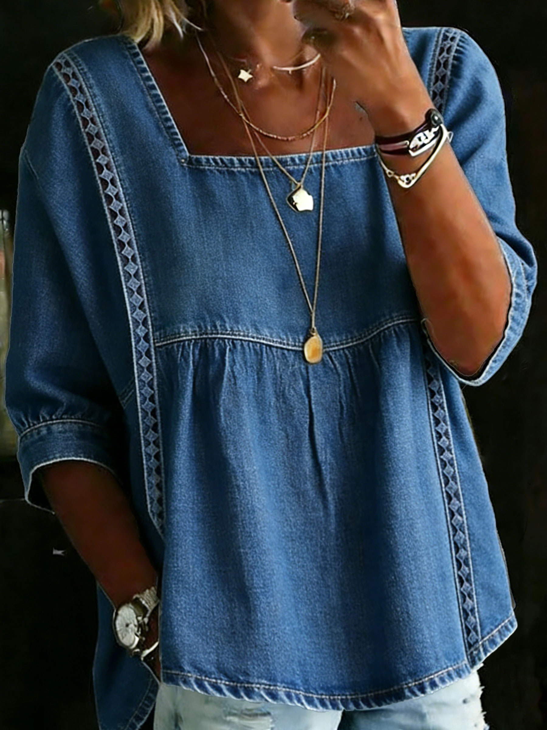 Women's Solid Color Casual Loose Denim Blouse Shirt