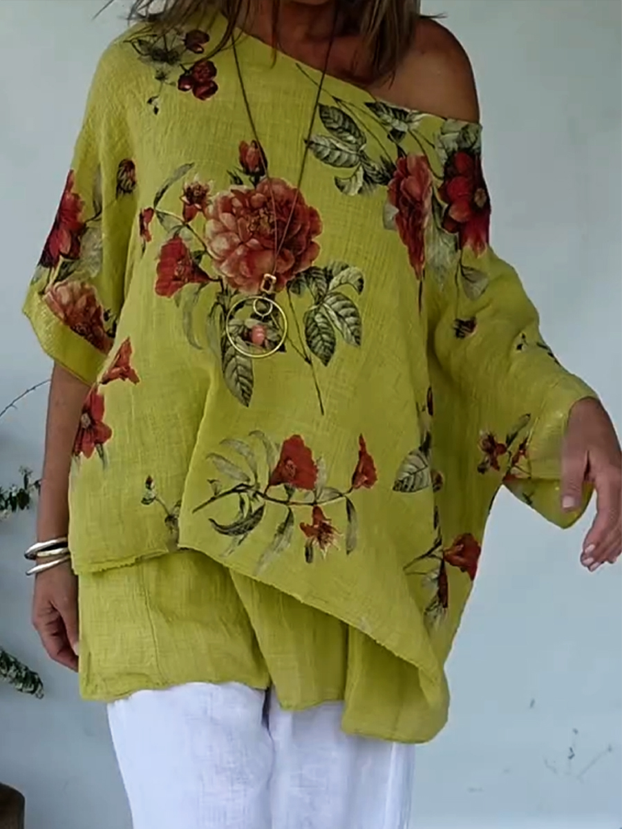 Loose And Cozy Floral Print Linen And Cotton Top