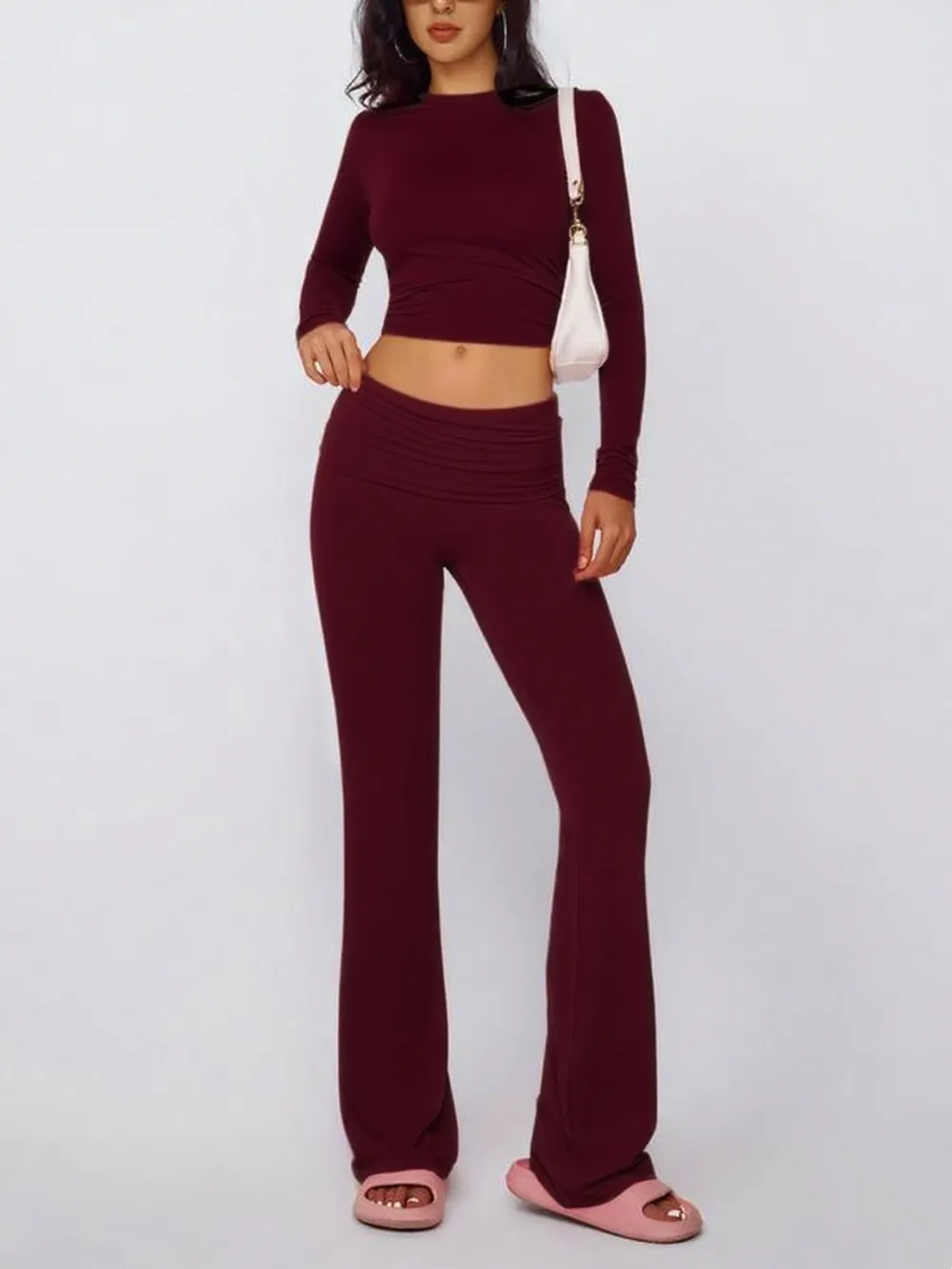 Women's Solid Long Sleeve Tee & Flare Leg Skinny Pants Loungewear Set