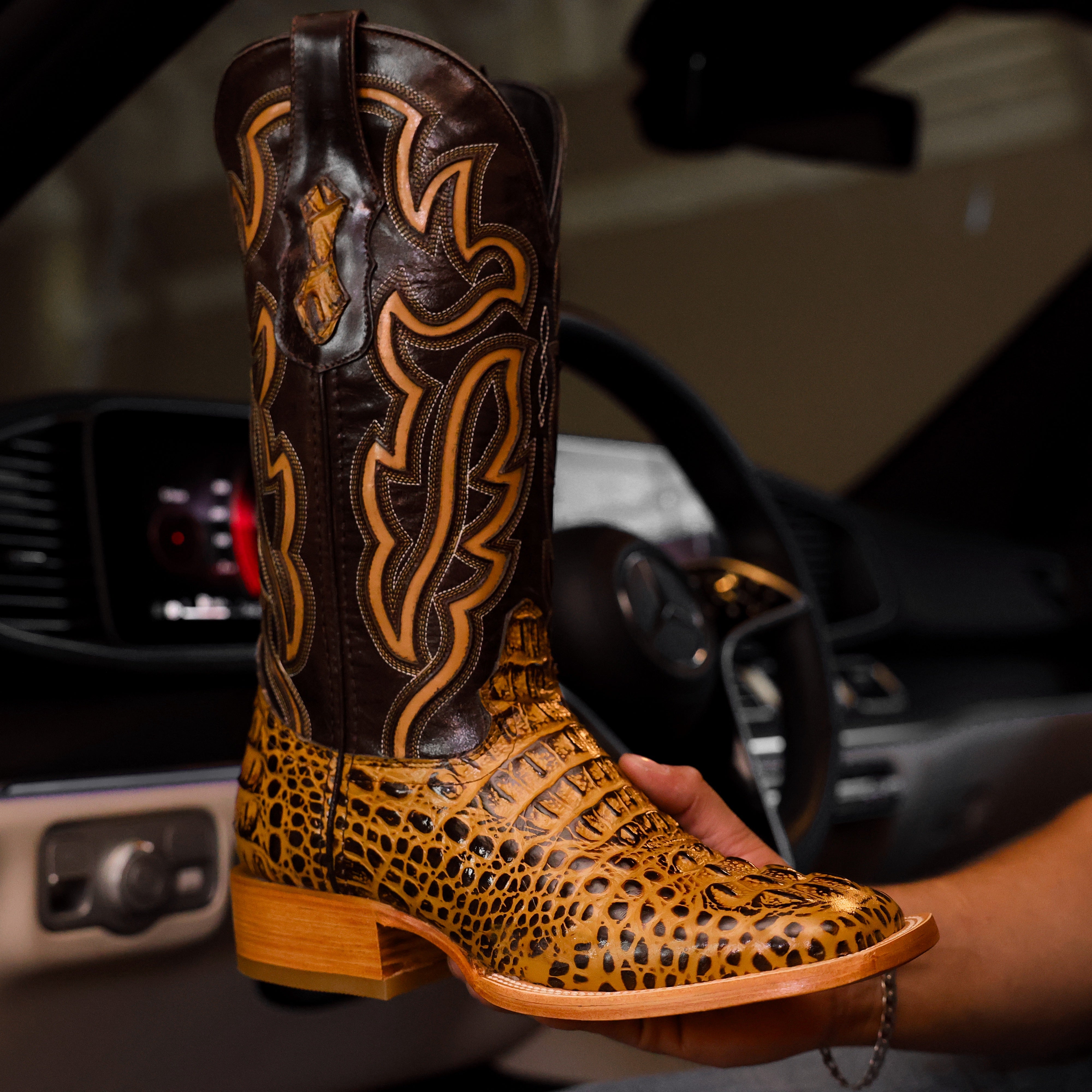 Honey Caiman Neck Leather Boots - Square Toe