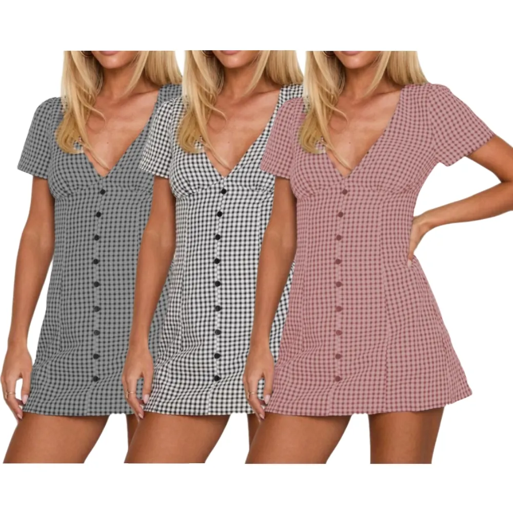Women's Plaid Print Button Decor V Neck Shortsleeve (Just $4 Each!)