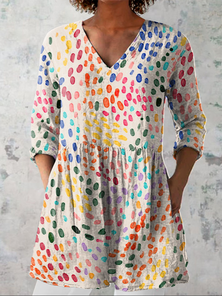Watercolor Polka Dot Pattern Printed Women's Casual Linen V-Neck Shirt