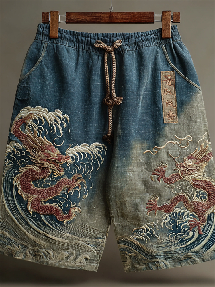 Japanese Dragons Sea Waves Embroidered Dyed Linen Shorts