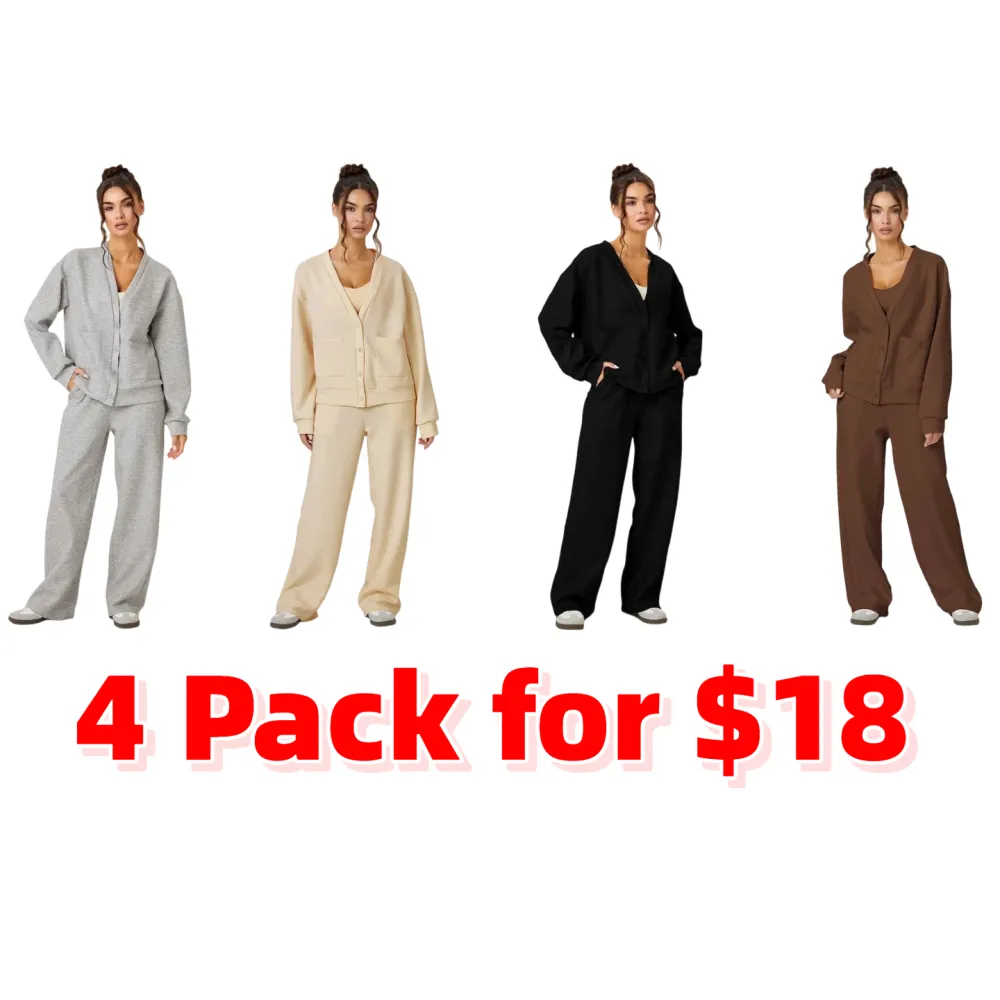 Women's Slouchy Solid Color V Neck Long Sleeve Button Cardigan & Drawstring Waist Trousers Co-ord