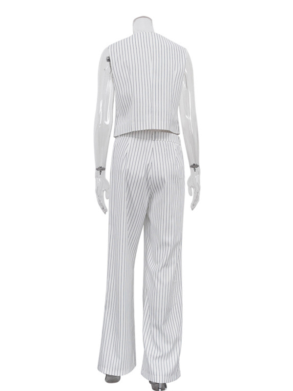 Striped Loose Sleeveless Buttoned V-Neck Vest Top + Pockets Pants Bottom Two Pieces Set