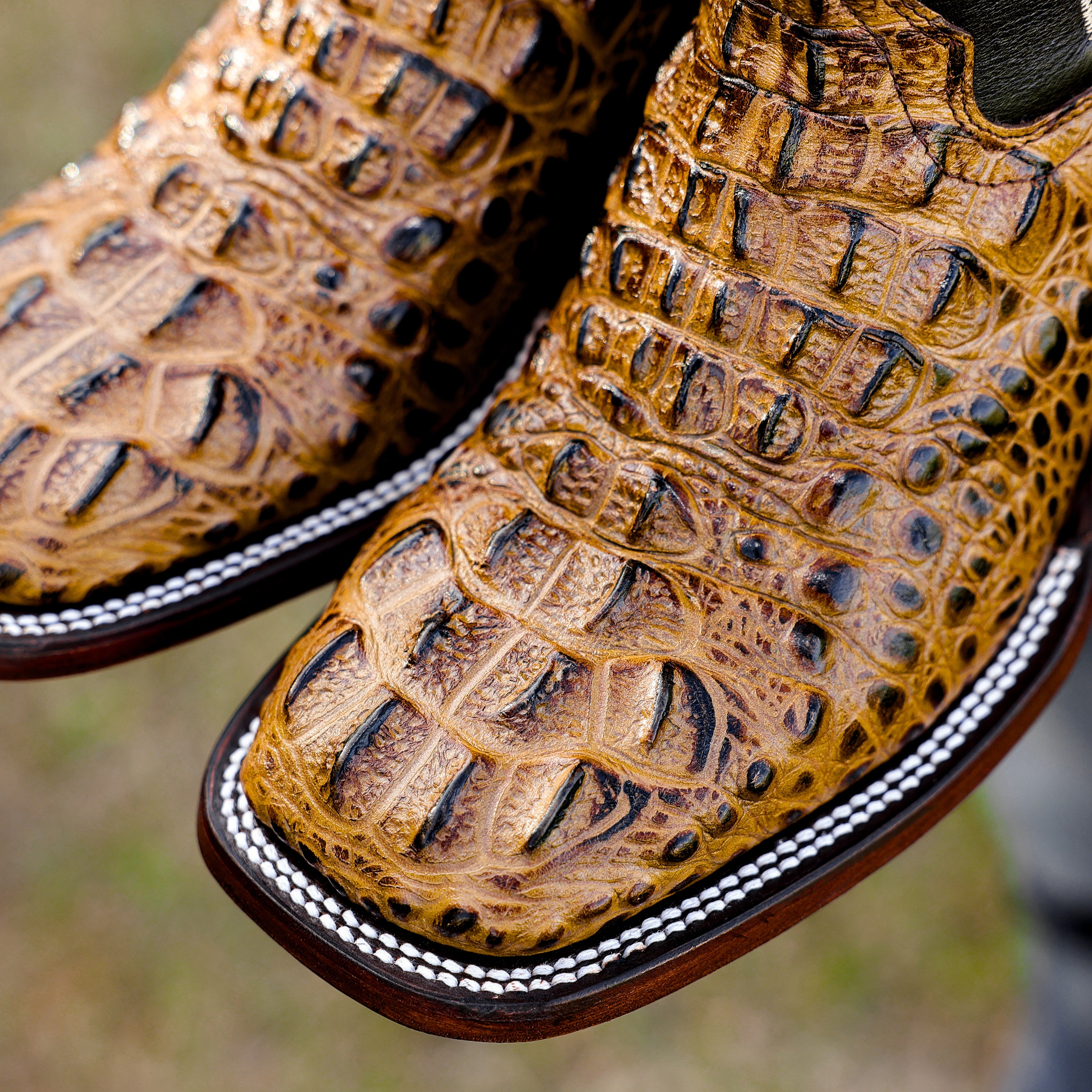 Honey Caiman Neck Leather Boots - Square Toe