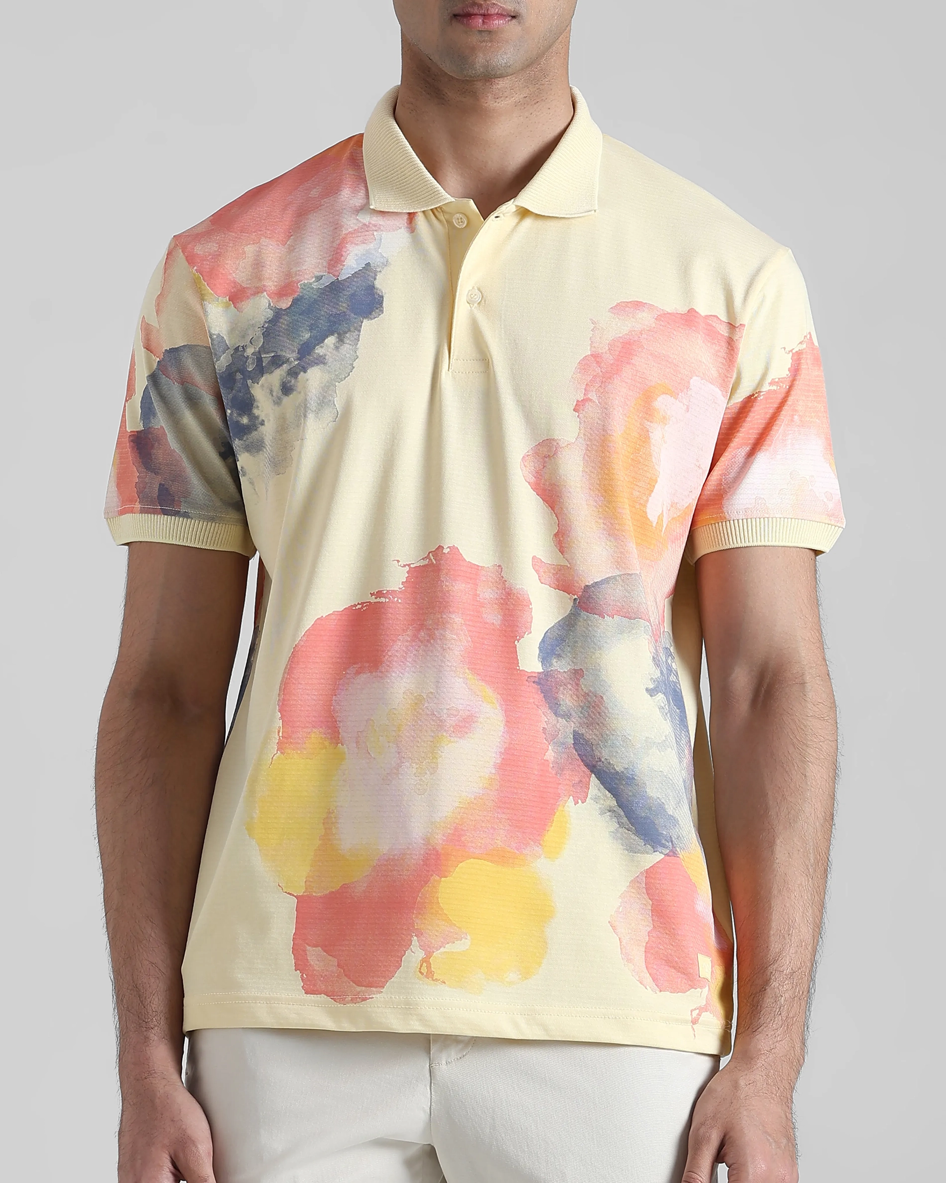 Daily Simple Light Yellow Floral Print Polo Shirt