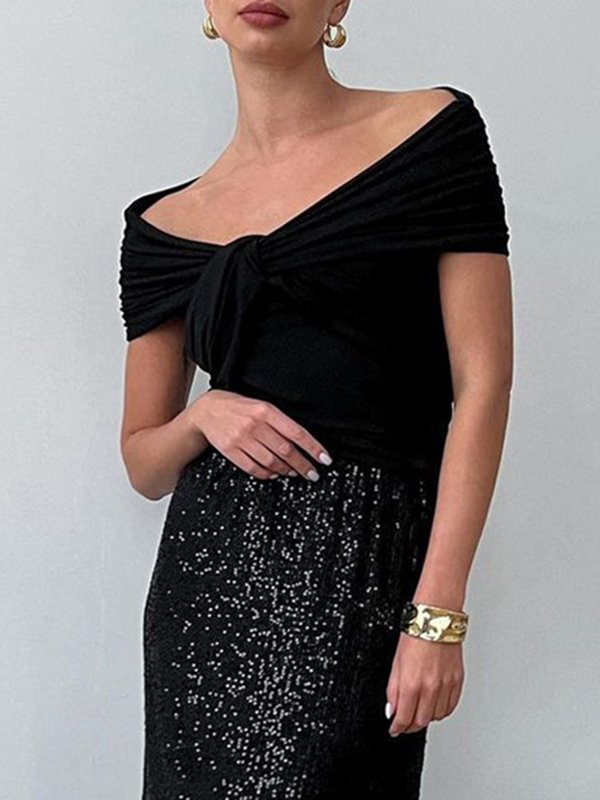 Knot Pleated Solid Color Split-Joint Short Sleeves Skinny Boat Neck T-Shirts Tops