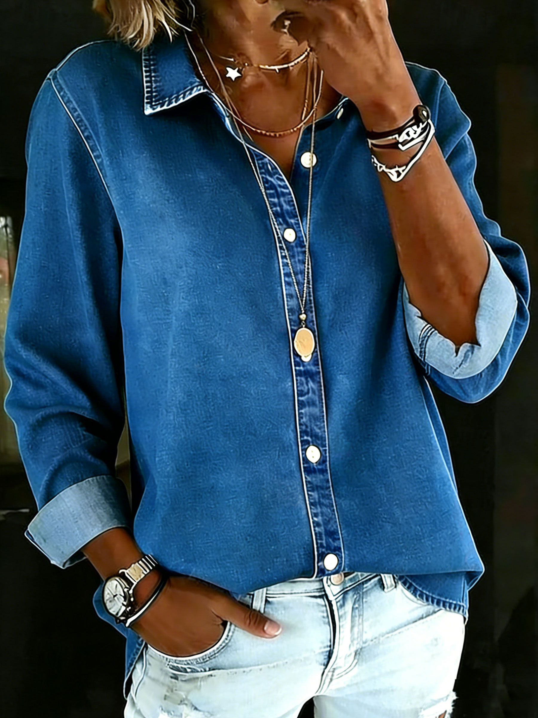 Womens Casual Long-sleeve Denim Shirt