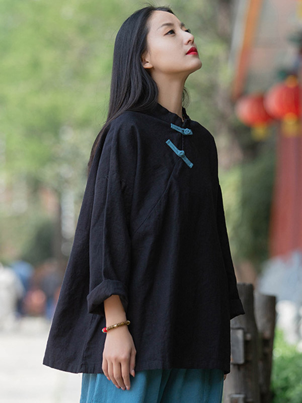 Vintage Linen Frog Loose Long Sleeve Shirt Tops