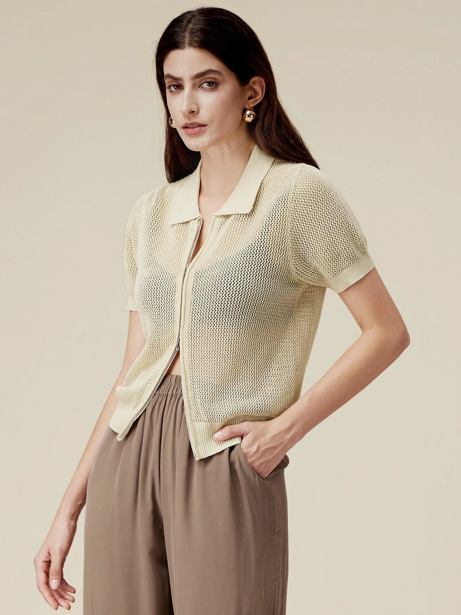 Linen & Lyocell V-Neck Short Sleeve Zipper Hollow Out Cardigan