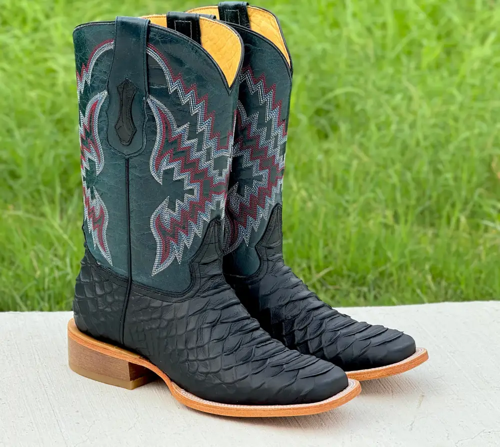 Mens Black Matte Python Leather Boots With Blue Shaft