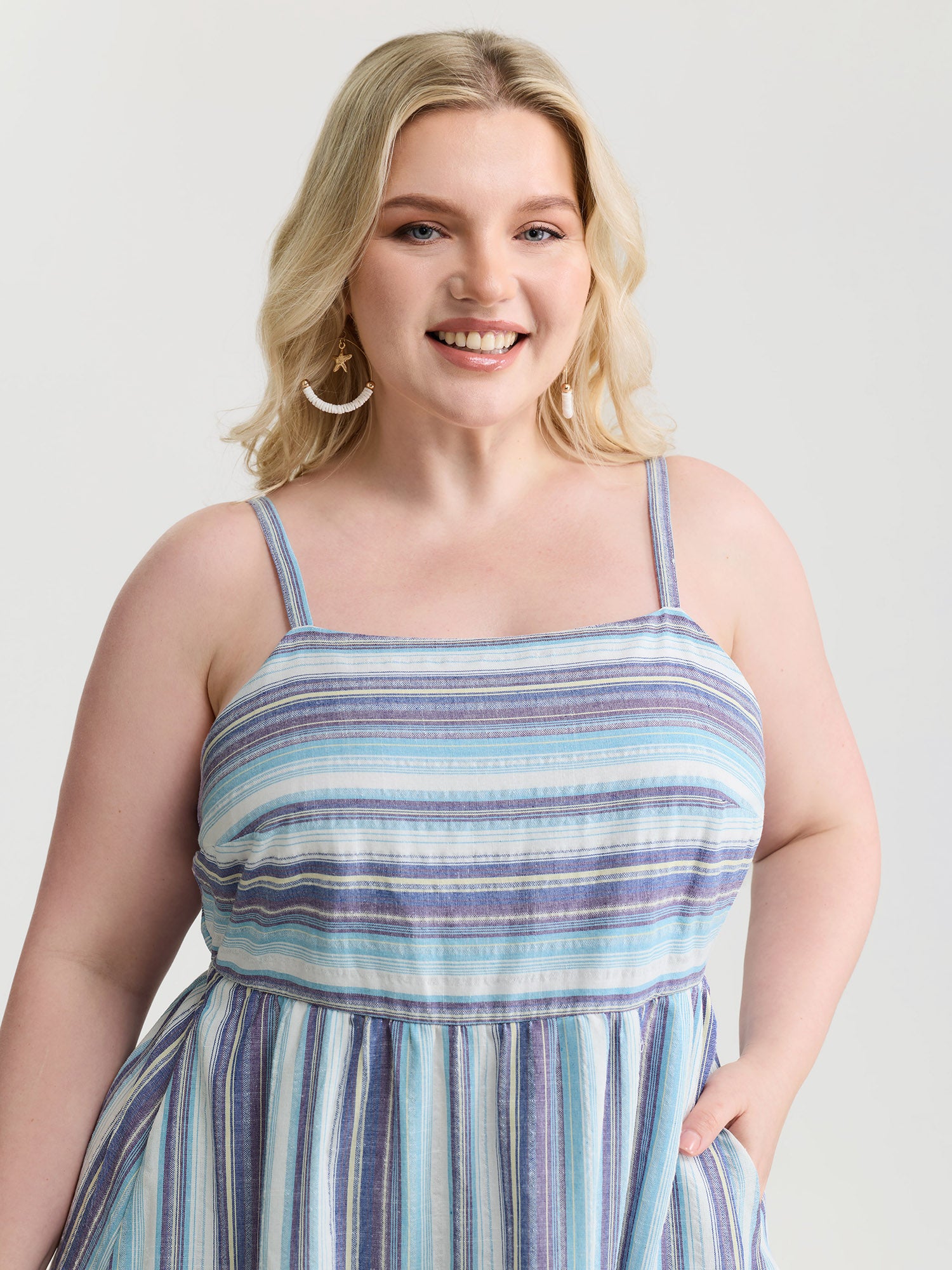 Pure Cotton Asymmetrical Stripes Open Back Midi Dress