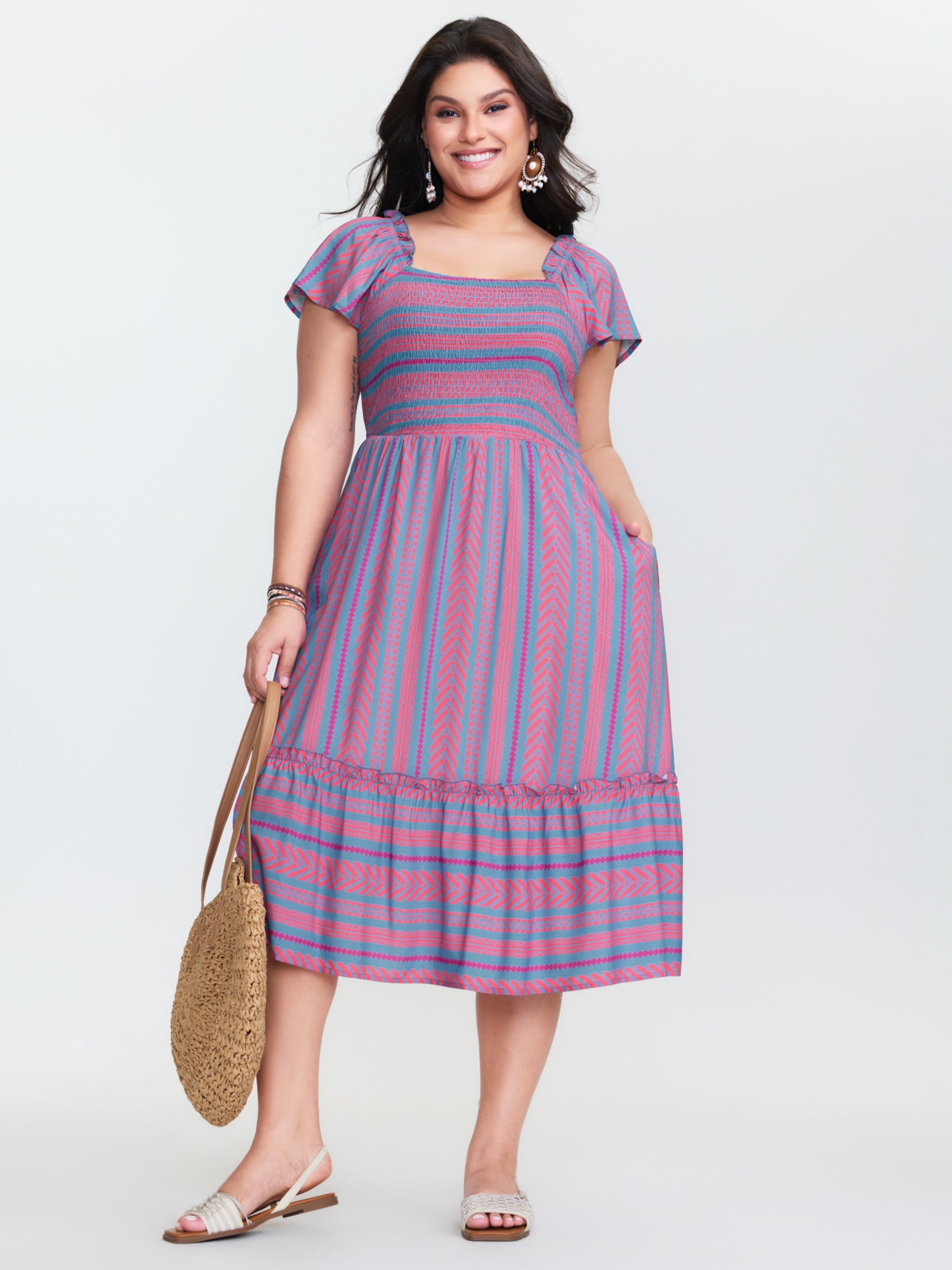 Colorful Stripes Shirred Bodice Ruffled Midi Dress
