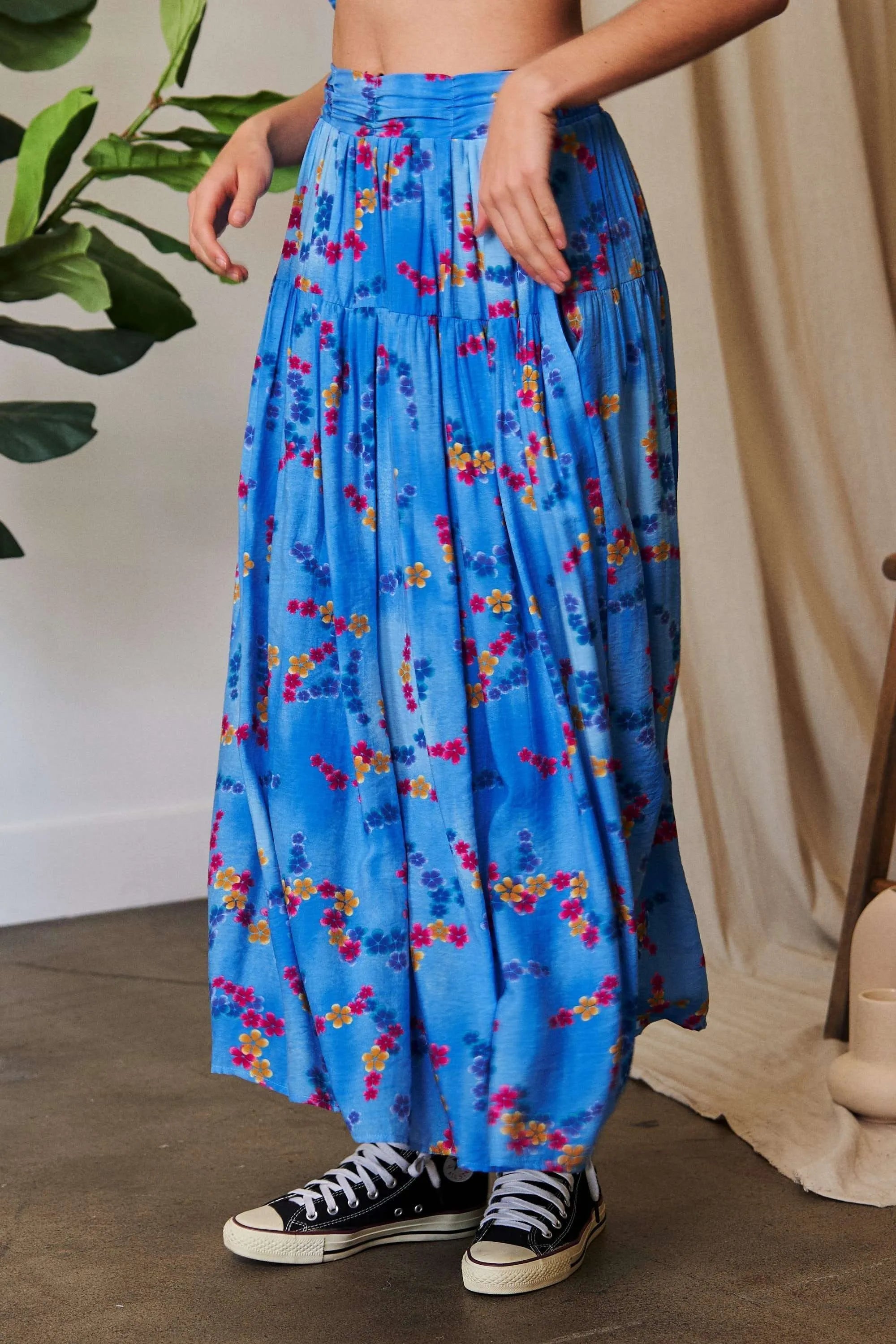 Printed Smocking Waistband Ruffled Maxi Skirt