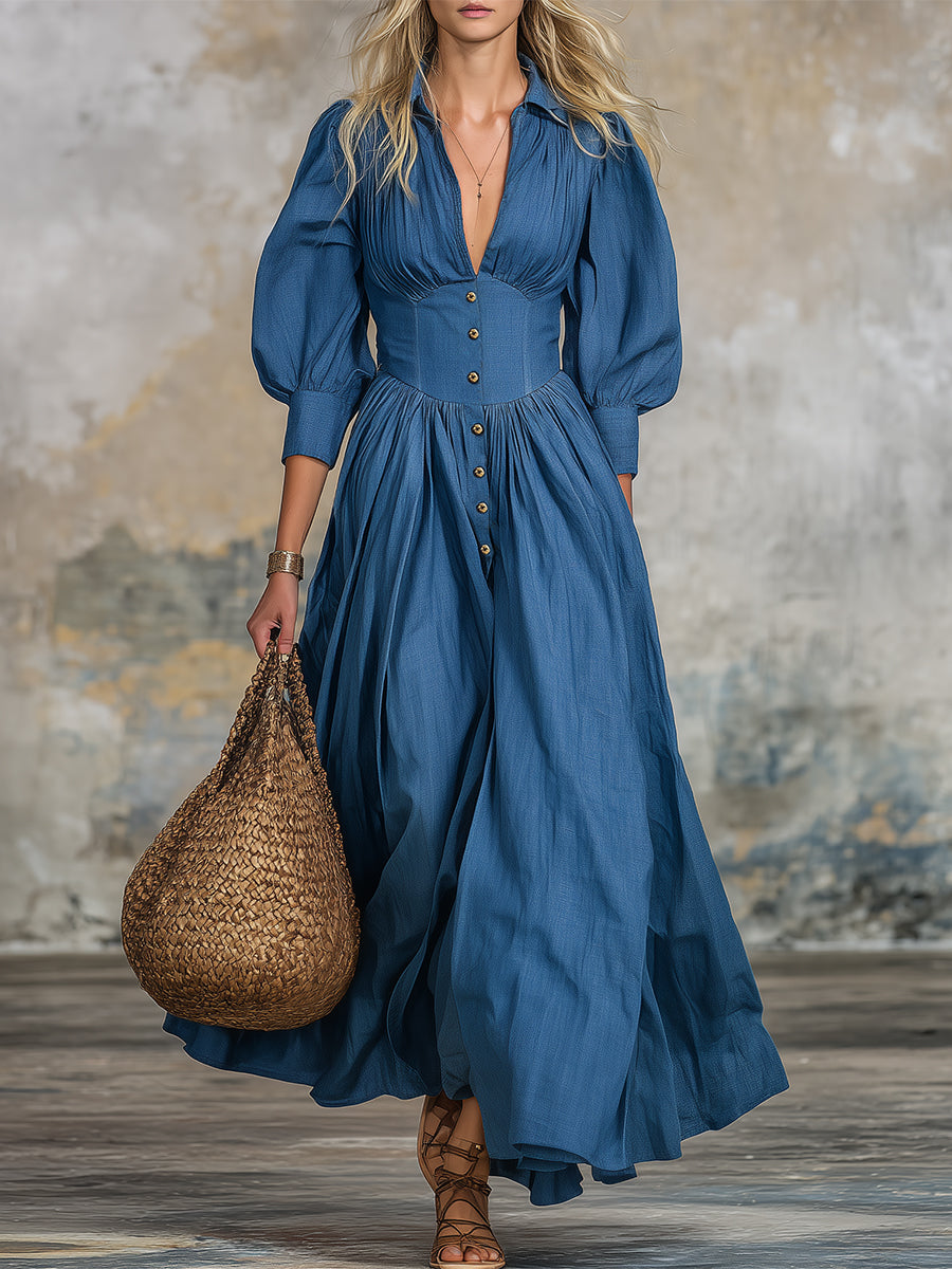 Stylish Blue Denim V-neck Button-down  With Flared Hem Maxi Dress