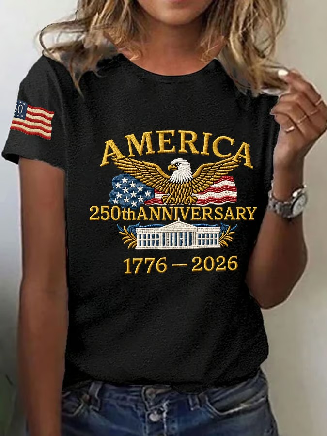 Ladies' 250Th Anniversary Commemorative Printed Round Neck Short Sleeve T-Shirt For American Independence Day