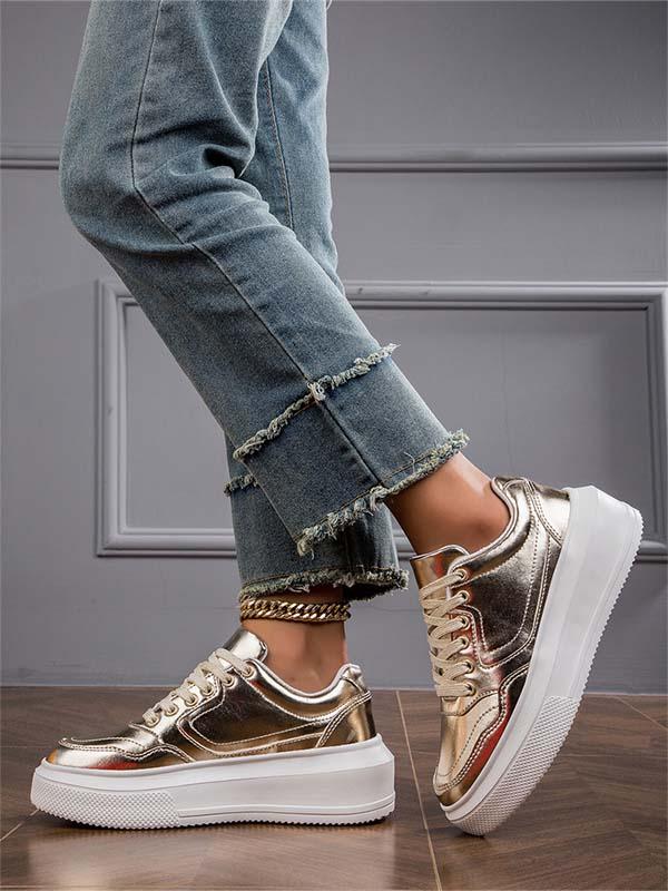 Soft leather metallic thick-soled casual shoes