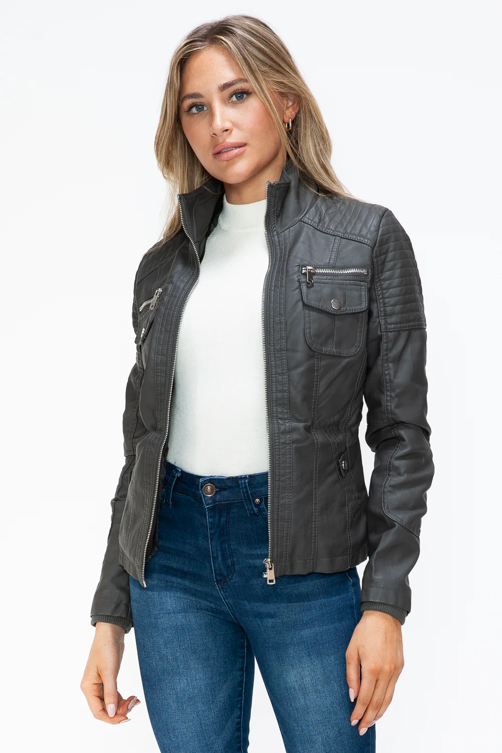 Removable Faux Layered Multi-Pocket Jacket with Fuzzy Hood