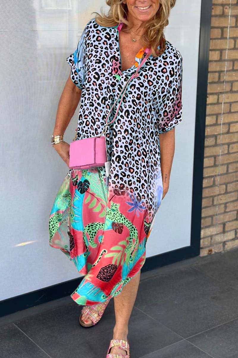 Women's Summer Plus Size Dress Casual Leopard Print Short Sleeve Dress