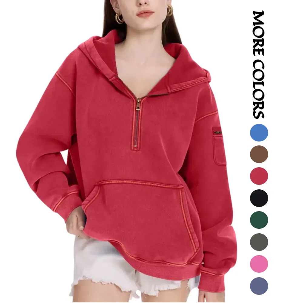 Unisex Vintage Acid Washed Half Zip Fleece Hoodie