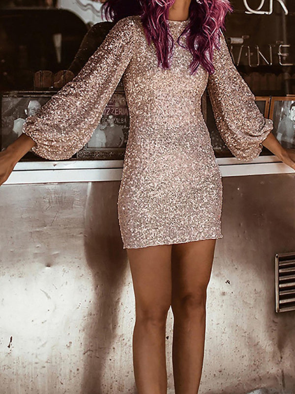 Sequin Dress Wish Round Neck Long Sleeve Slim Pencil Skirt