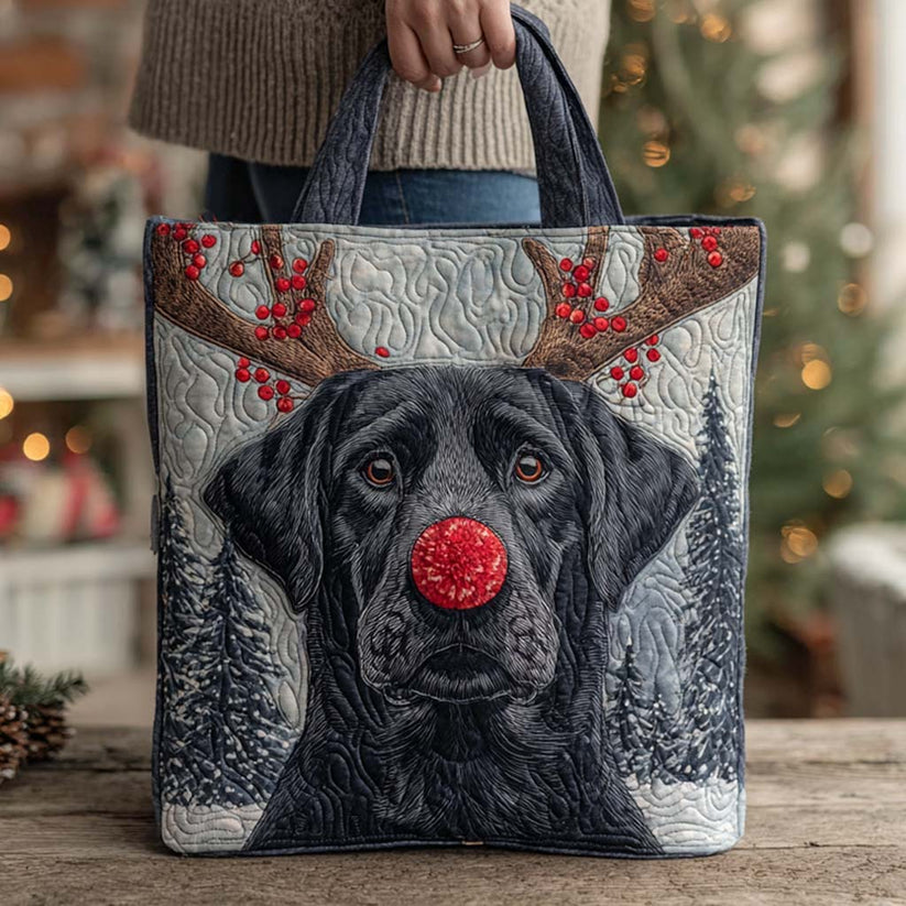 Reindeer Labrador Quilted Tote Bag – Festive 3D Embroidered Holiday Design