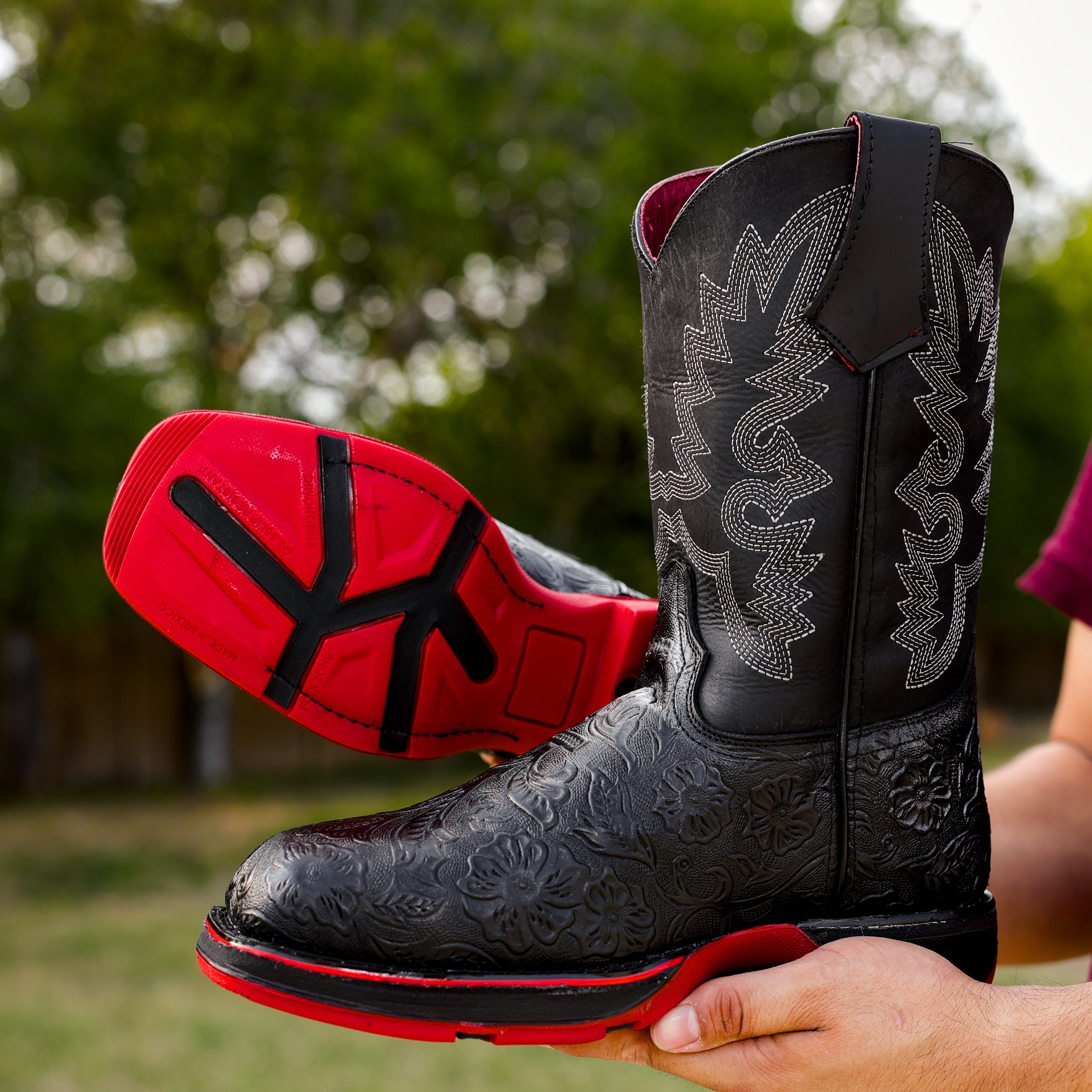 Black Hand-Tooled Leather Boots With 3D Lightweight Sole - Composite Toe