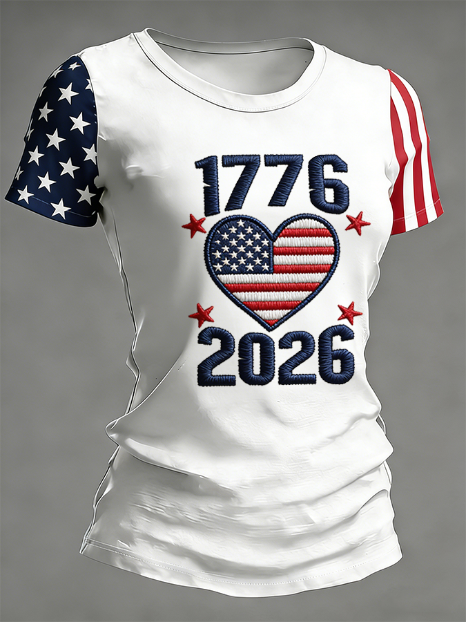 Women's American Flag Raglan Sleeve Embroidered 1776-2026 T-Shirt