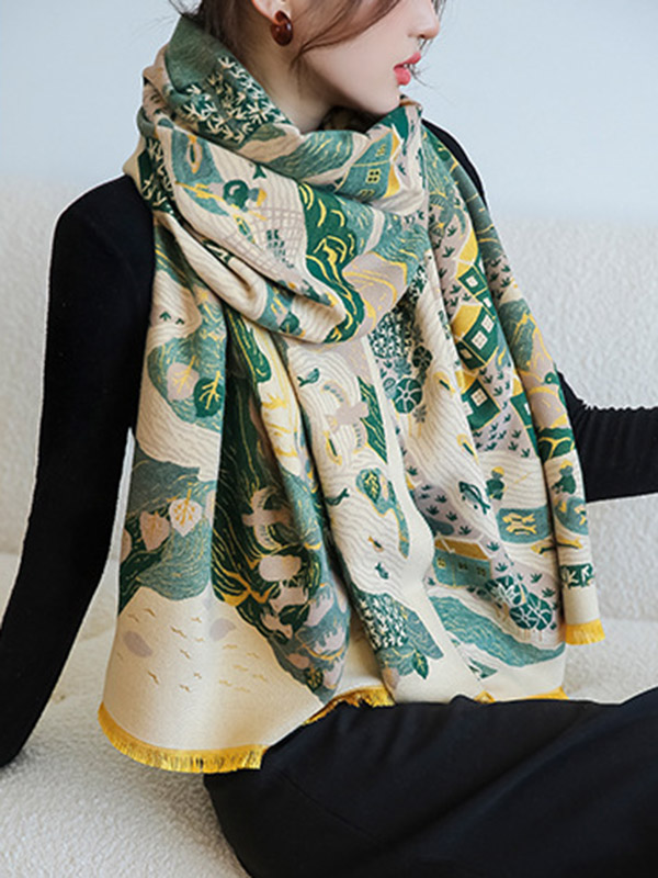 Vintage Printed Tasseled Shawl&Scarf