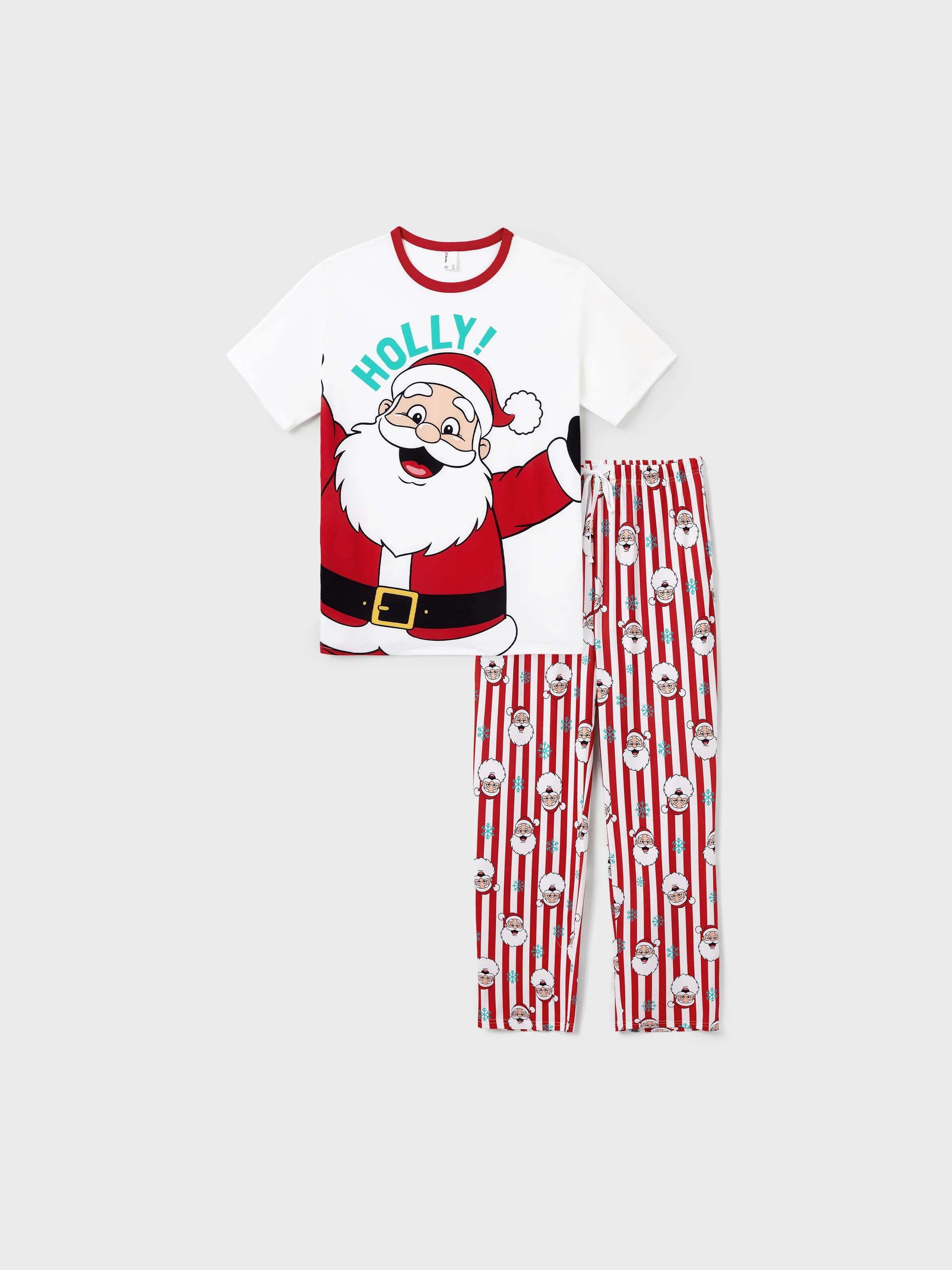 Christmas Matching Family Pajamas Set Santa Claus and Snowflakes Red Stripes PJS Red