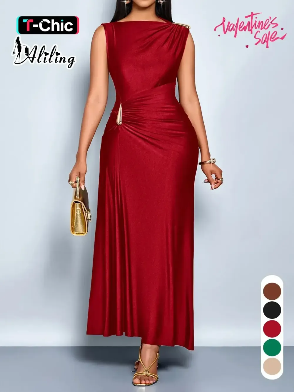 Aliling Elegant Chic Sleeveless Midi Dress for Women High Waist Folds Boat Neck Bodycon Fitted